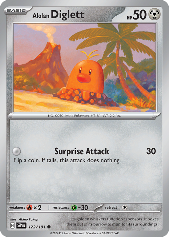 Pokémonkaart Alolan Diglett nummer 122/191 uit de set Surging Sparks (Scarlet & Violet)