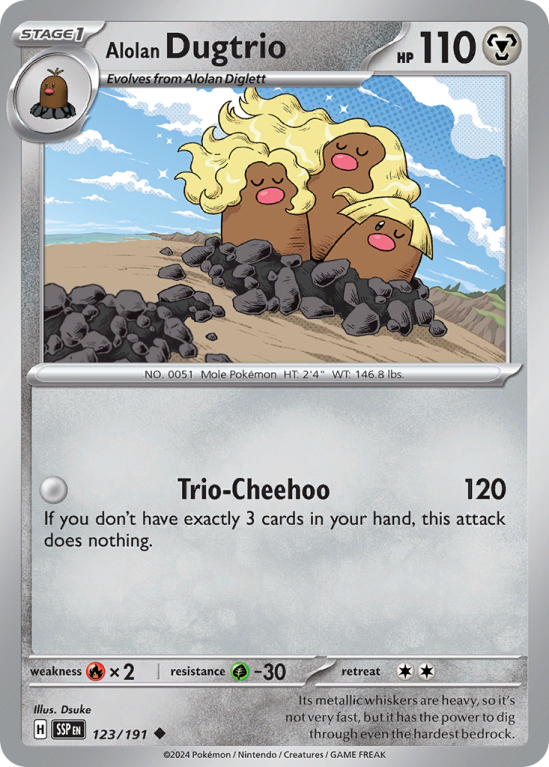 Pokémonkaart Alolan Dugtrio nummer 123/191 uit de set Surging Sparks (Scarlet & Violet)