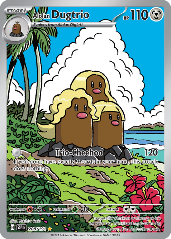 Pokémonkaart Alolan Dugtrio nummer 208/191 uit de set Surging Sparks (Scarlet & Violet)