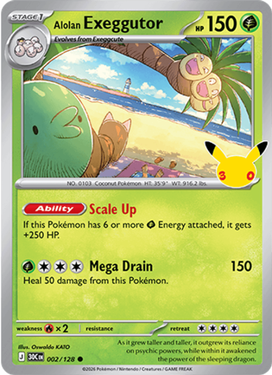 Pokémonkaart Alolan Exeggutor nummer 002/128 uit de set 30th Celebration (Mega Evolution)