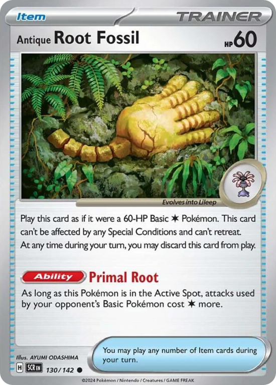 Pokémonkaart Antique Root Fossil nummer 130/142 uit de set Stellar Crown (Scarlet & Violet)