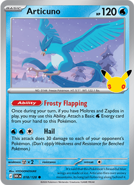 Pokémonkaart Articuno nummer 018/128 uit de set 30th Celebration (Mega Evolution)