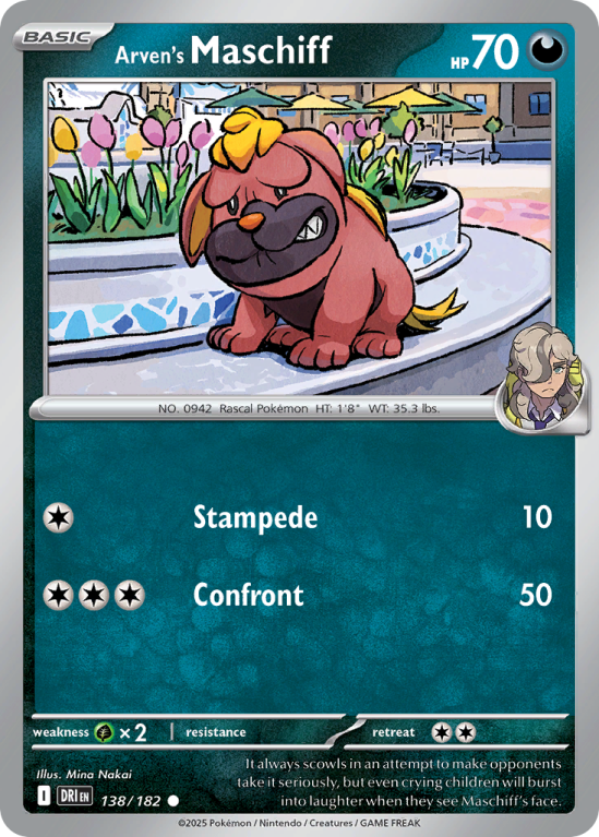Pokémonkaart Arven's Maschiff nummer 138/182 uit de set Destined Rivals (Scarlet & Violet)