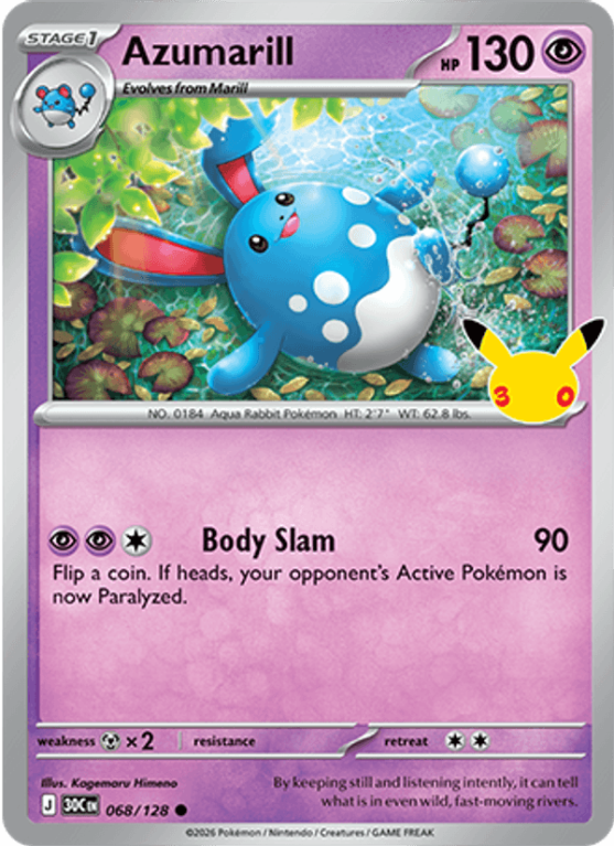 Pokémonkaart Azumarill nummer 068/128 uit de set 30th Celebration (Mega Evolution)