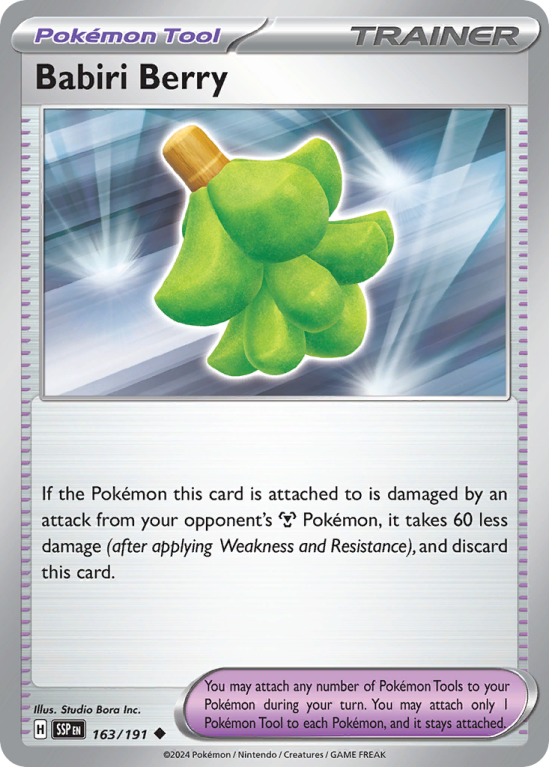 Pokémonkaart Babiri Berry nummer 163/191 uit de set Surging Sparks (Scarlet & Violet)
