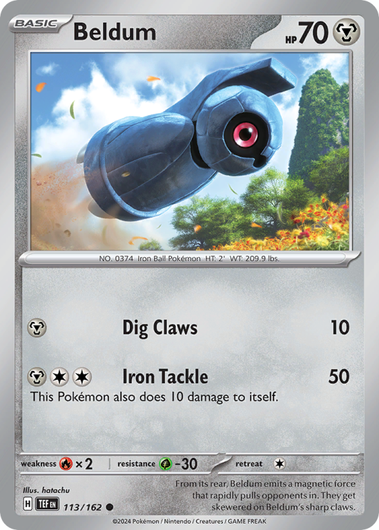 Pokémonkaart Beldum nummer 113/162 uit de set Temporal Forces (Scarlet & Violet)
