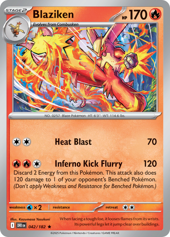 Pokémonkaart Blaziken nummer 42/182 uit de set Destined Rivals (Scarlet & Violet)