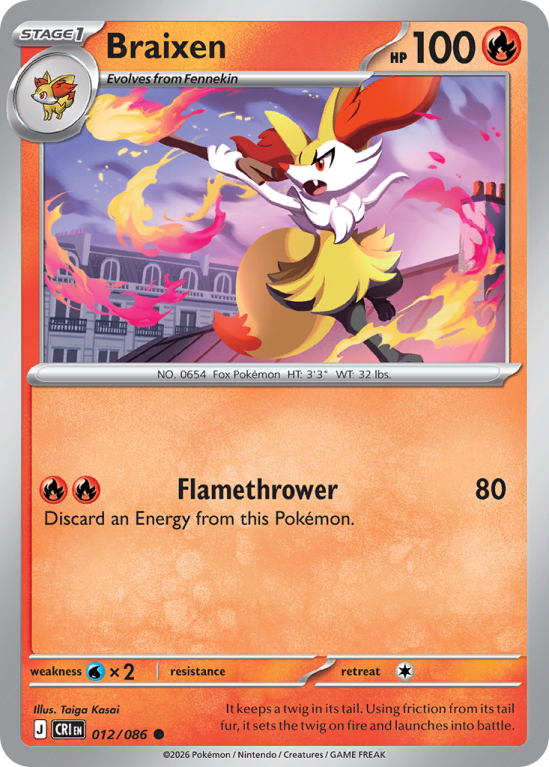 Pokémonkaart Braixen nummer 12/86 uit de set Chaos Rising (Mega Evolution)