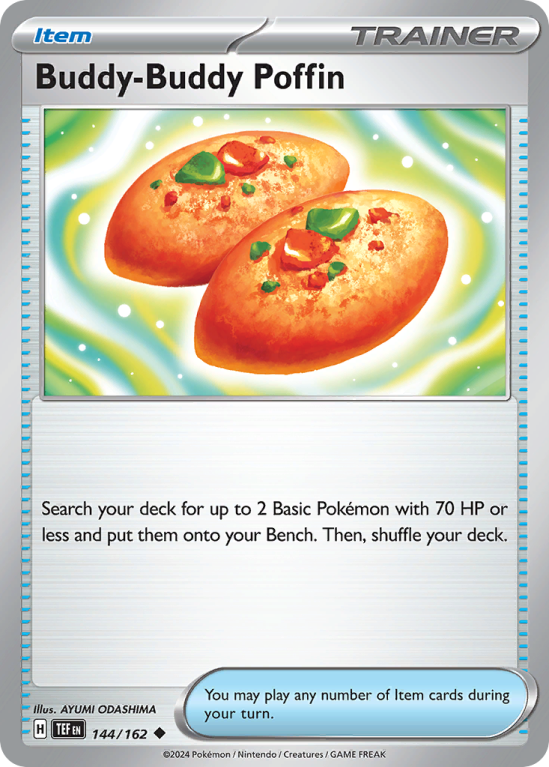 Pokémonkaart Buddy-Buddy Poffin nummer 144/162 uit de set Temporal Forces (Scarlet & Violet)