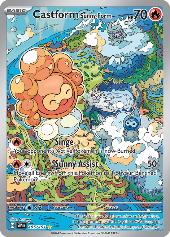 Pokémonkaart Castform Sunny Form nummer 195/191 uit de set Surging Sparks (Scarlet & Violet)
