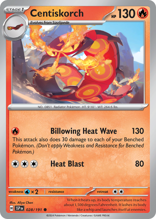 Pokémonkaart Centiskorch nummer 28/191 uit de set Surging Sparks (Scarlet & Violet)