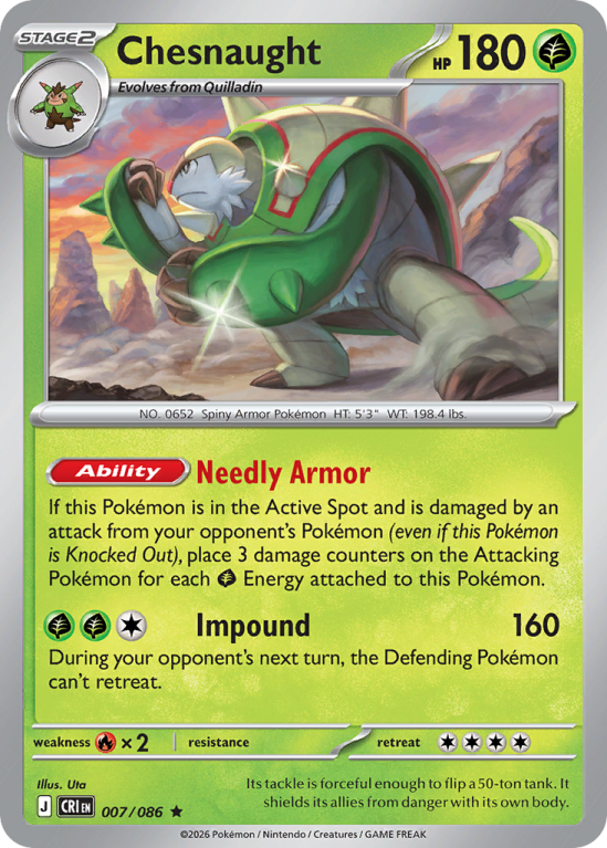 Pokémonkaart Chesnaught nummer 7/86 uit de set Chaos Rising (Mega Evolution)