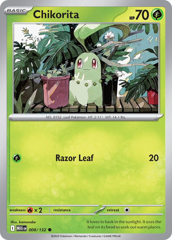 Pokémonkaart Chikorita nummer 8/132 uit de set Mega Evolution