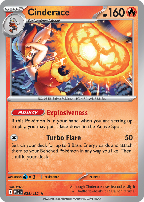 Pokémonkaart Cinderace nummer 28/132 uit de set Mega Evolution