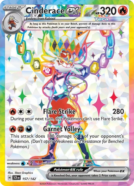 Pokémonkaart Cinderace ex nummer 157/142 uit de set Stellar Crown (Scarlet & Violet)