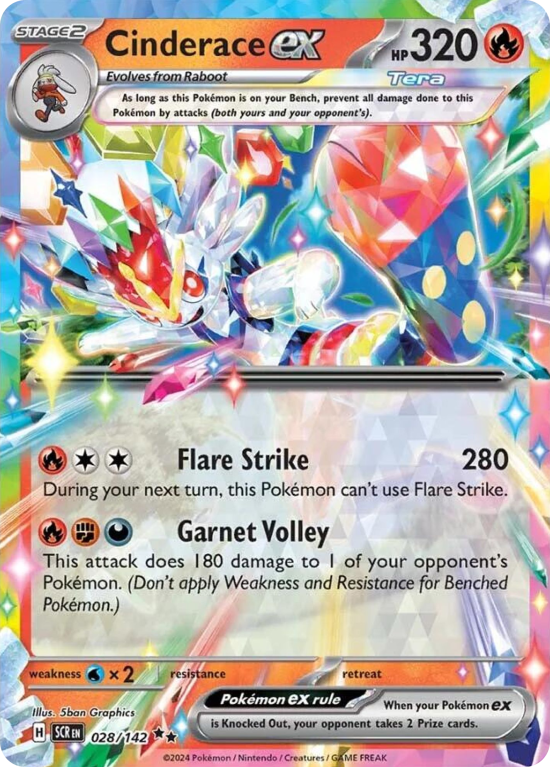 Pokémonkaart Cinderace ex nummer 28/142 uit de set Stellar Crown (Scarlet & Violet)
