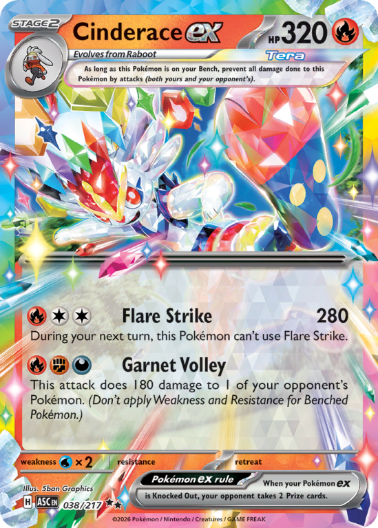 Pokémonkaart Cinderace ex nummer 38/217 uit de set Ascended Heroes (Mega Evolution)
