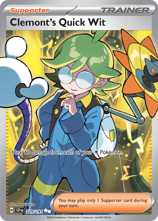 Pokémonkaart Clemont's Quick Wit nummer 229/191 uit de set Surging Sparks (Scarlet & Violet)
