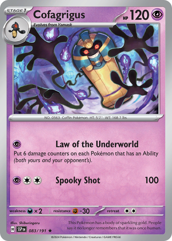 Pokémonkaart Cofagrigus nummer 83/191 uit de set Surging Sparks (Scarlet & Violet)