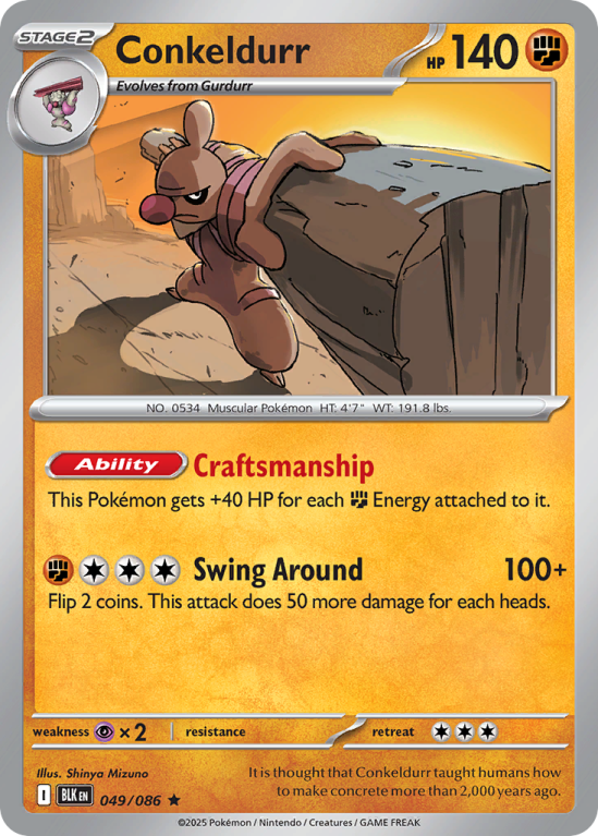 Pokémonkaart Conkeldurr nummer 49/86 uit de set Black Bolt (Scarlet & Violet)