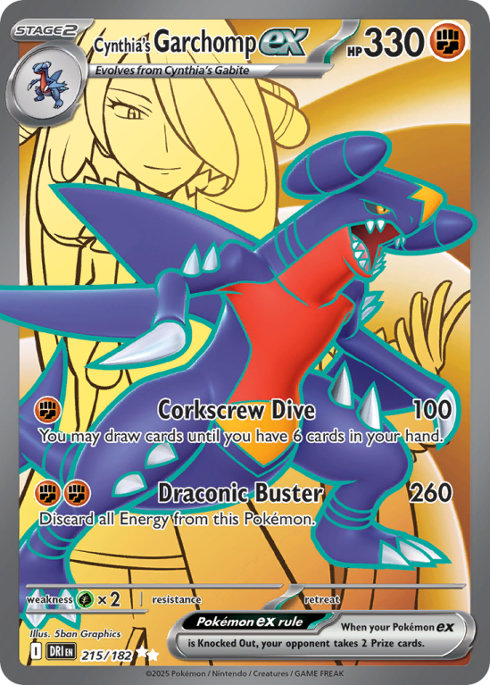 Pokémonkaart Cynthia's Garchomp ex nummer 215/182 uit de set Destined Rivals (Scarlet & Violet)
