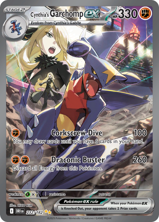 Pokémonkaart Cynthia's Garchomp ex nummer 232/182 uit de set Destined Rivals (Scarlet & Violet)