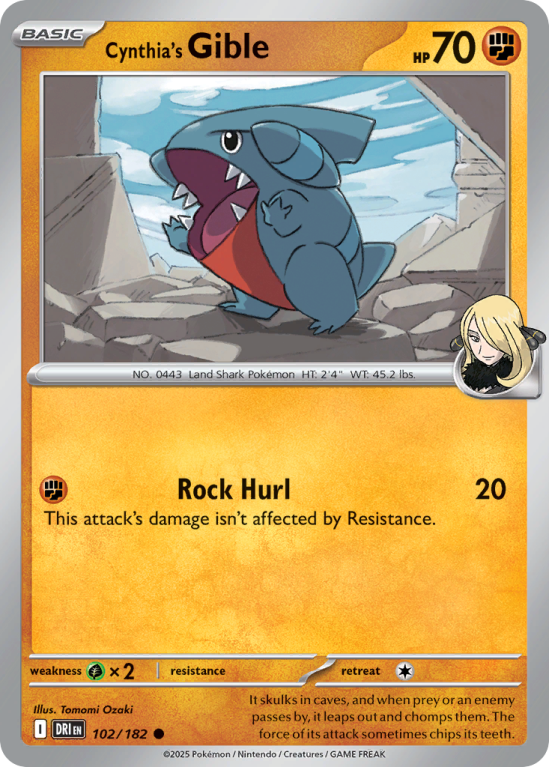 Pokémonkaart Cynthia's Gible nummer 102/182 uit de set Destined Rivals (Scarlet & Violet)
