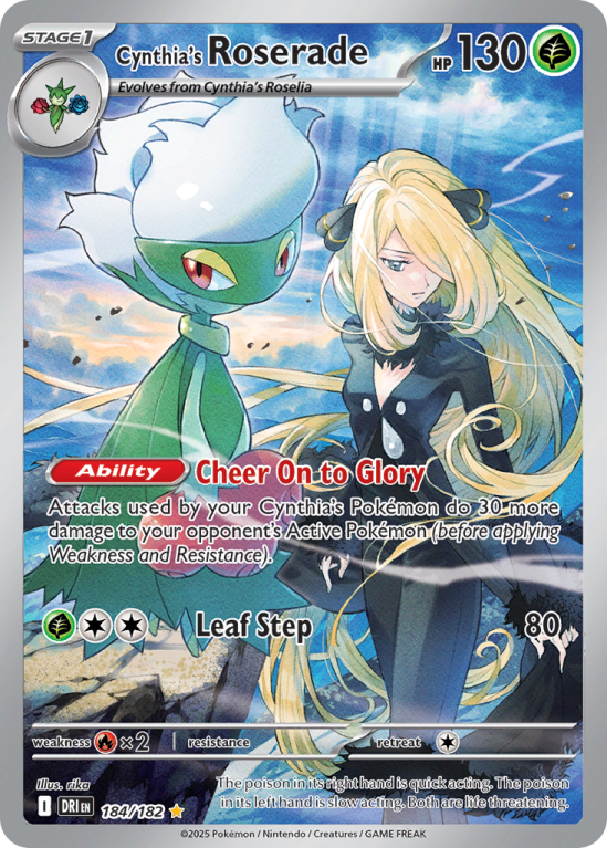 Pokémonkaart Cynthia's Roserade nummer 184/182 uit de set Destined Rivals (Scarlet & Violet)