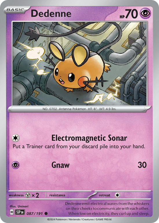 Pokémonkaart Dedenne nummer 87/191 uit de set Surging Sparks (Scarlet & Violet)