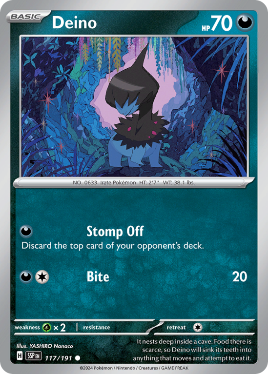Pokémonkaart Deino nummer 117/191 uit de set Surging Sparks (Scarlet & Violet)