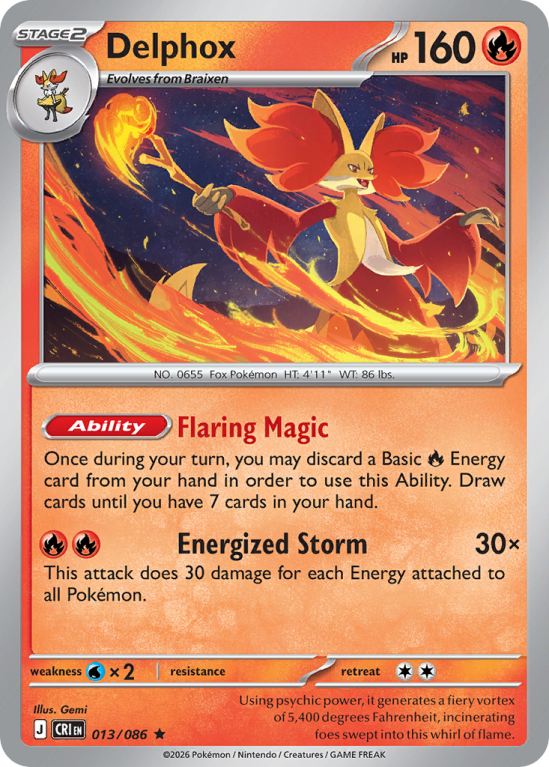 Pokémonkaart Delphox nummer 13/86 uit de set Chaos Rising (Mega Evolution)