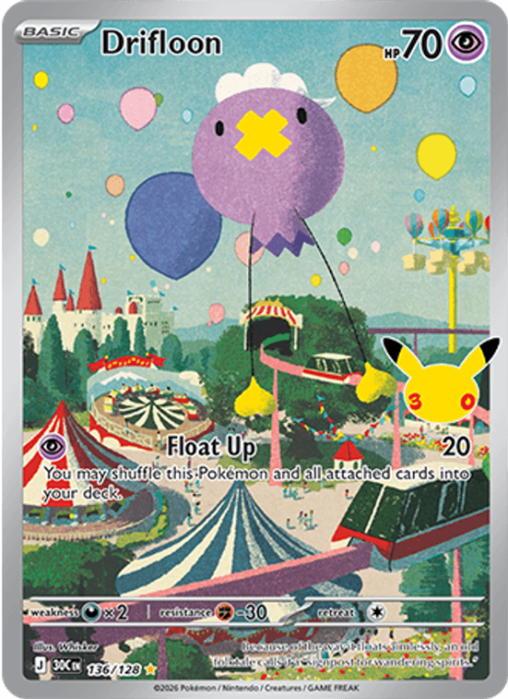 Pokémonkaart Drifloon nummer 136/128 uit de set 30th Celebration (Mega Evolution)