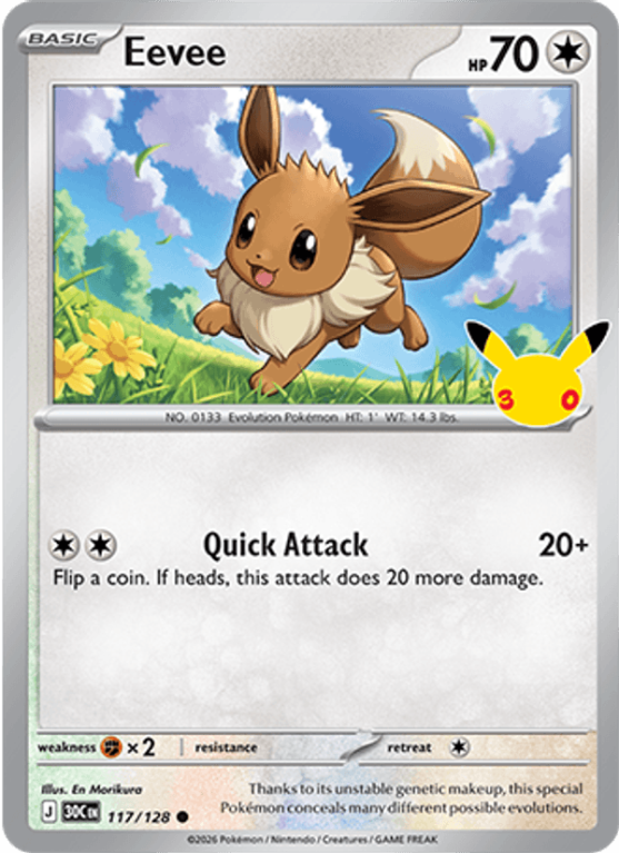 Pokémonkaart Eevee nummer 117/128 uit de set 30th Celebration (Mega Evolution)