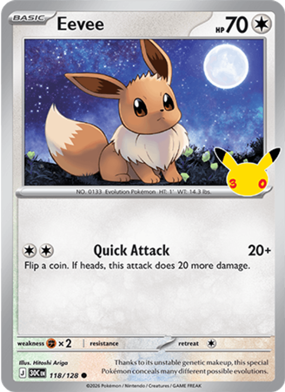 Pokémonkaart Eevee nummer 118/128 uit de set 30th Celebration (Mega Evolution)