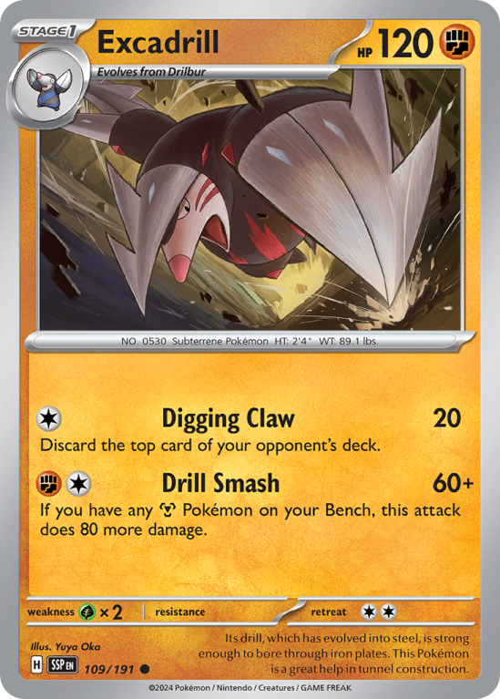 Pokémonkaart Excadrill nummer 109/191 uit de set Surging Sparks (Scarlet & Violet)
