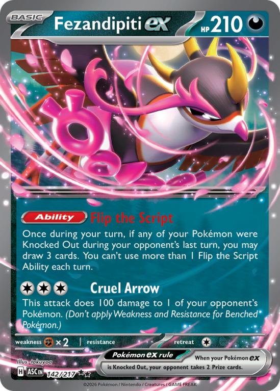 Pokémonkaart Fezandipiti ex nummer 142/217 uit de set Ascended Heroes (Mega Evolution)