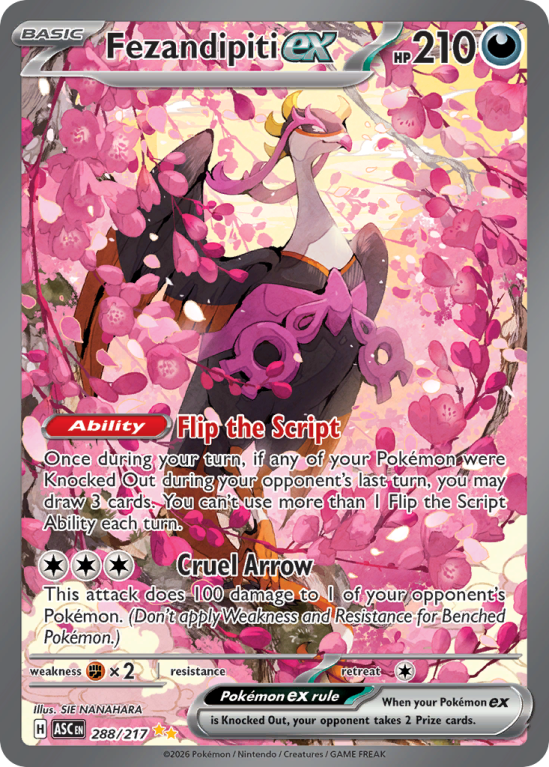Pokémonkaart Fezandipiti ex nummer 288/217 uit de set Ascended Heroes (Mega Evolution)