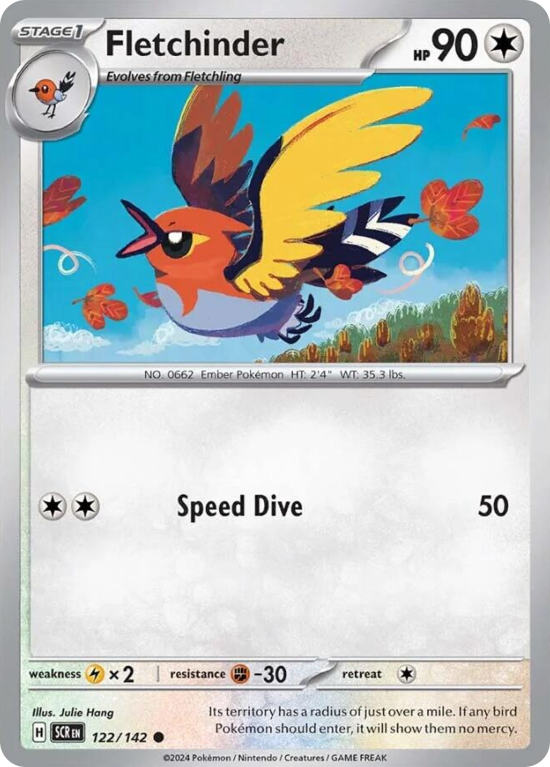 Pokémonkaart Fletchinder nummer 122/142 uit de set Stellar Crown (Scarlet & Violet)