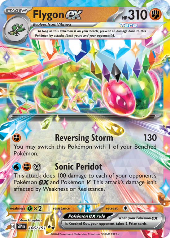 Pokémonkaart Flygon ex nummer 106/191 uit de set Surging Sparks (Scarlet & Violet)