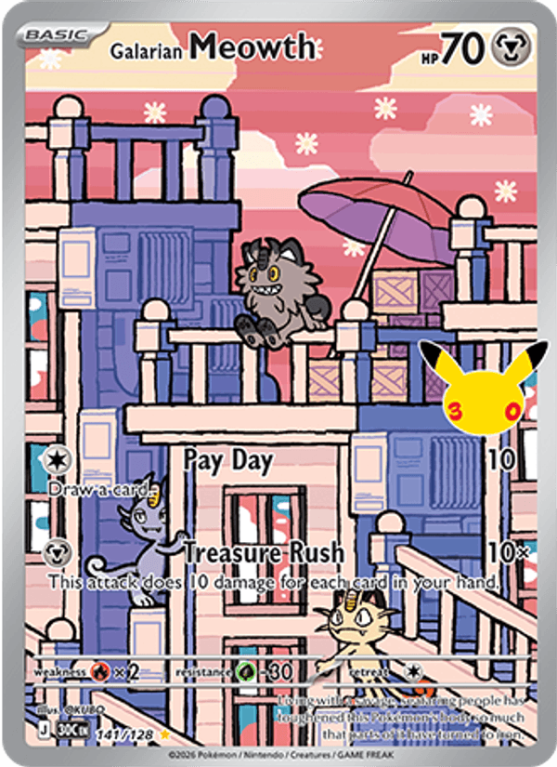 Pokémonkaart Galarian Meowth nummer 141/128 uit de set 30th Celebration (Mega Evolution)