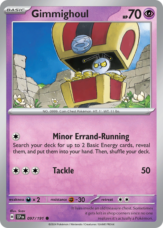 Pokémonkaart Gimmighoul nummer 97/191 uit de set Surging Sparks (Scarlet & Violet)