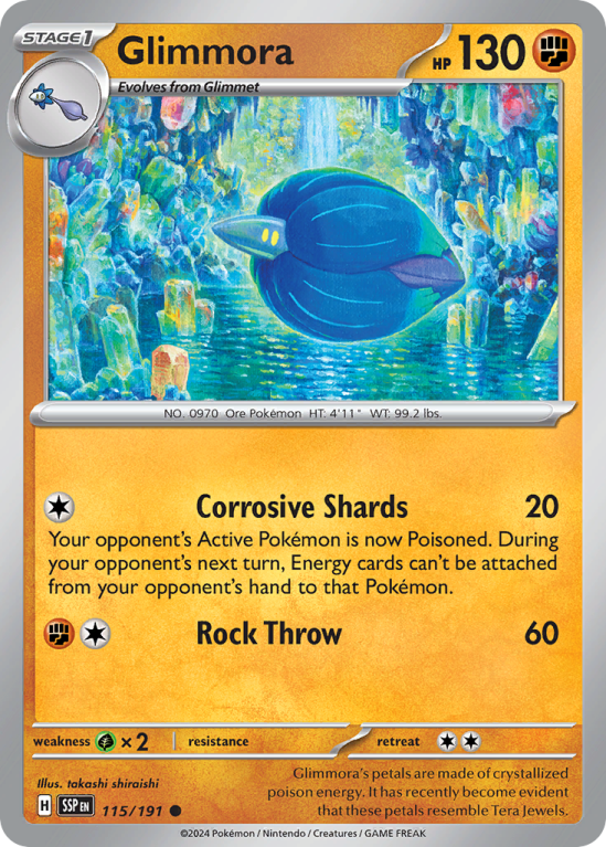 Pokémonkaart Glimmora nummer 115/191 uit de set Surging Sparks (Scarlet & Violet)