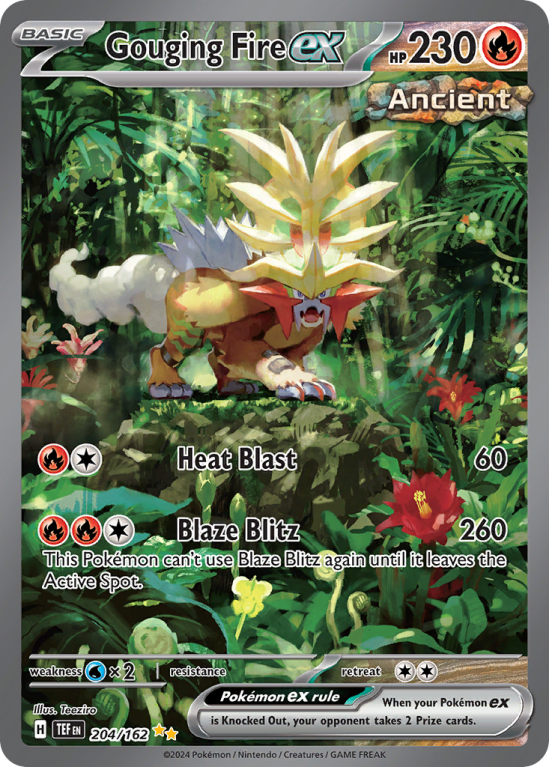 Pokémonkaart Gouging Fire ex nummer 204/162 uit de set Temporal Forces (Scarlet & Violet)