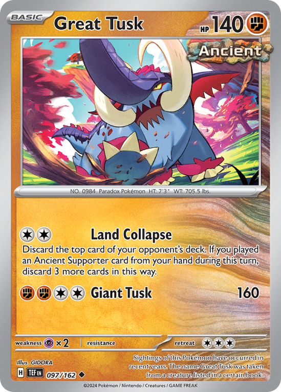 Pokémonkaart Great Tusk nummer 97/162 uit de set Temporal Forces (Scarlet & Violet)