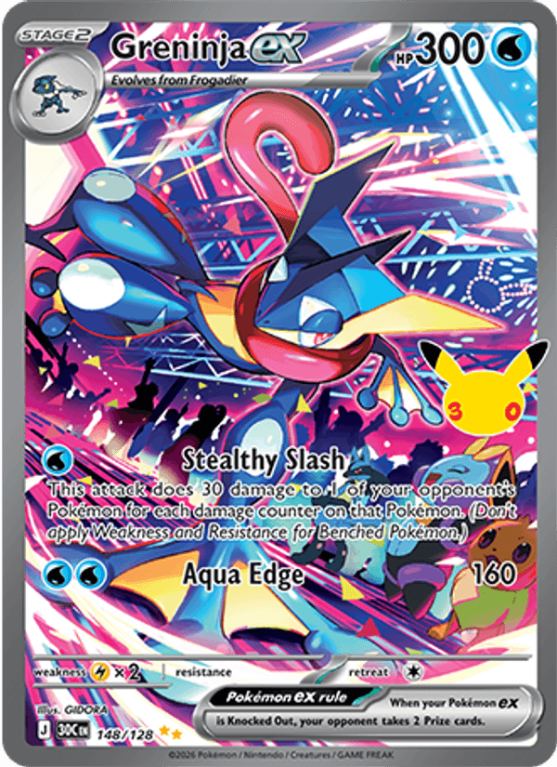 Pokémonkaart Greninja ex nummer 148/128 uit de set 30th Celebration (Mega Evolution)