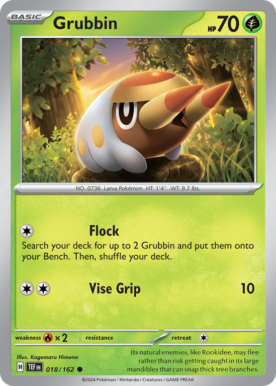 Pokémonkaart Grubbin nummer 18/162 uit de set Temporal Forces (Scarlet & Violet)