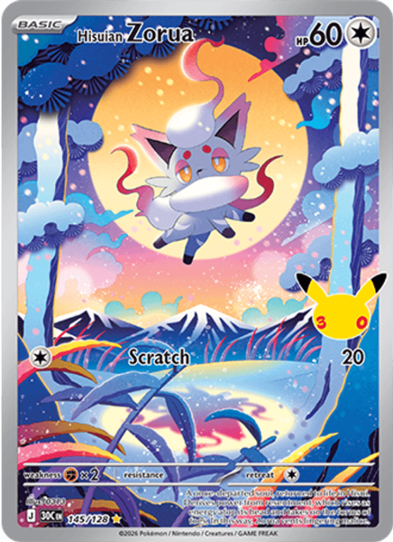 Pokémonkaart Hisuian Zorua nummer 145/128 uit de set 30th Celebration (Mega Evolution)