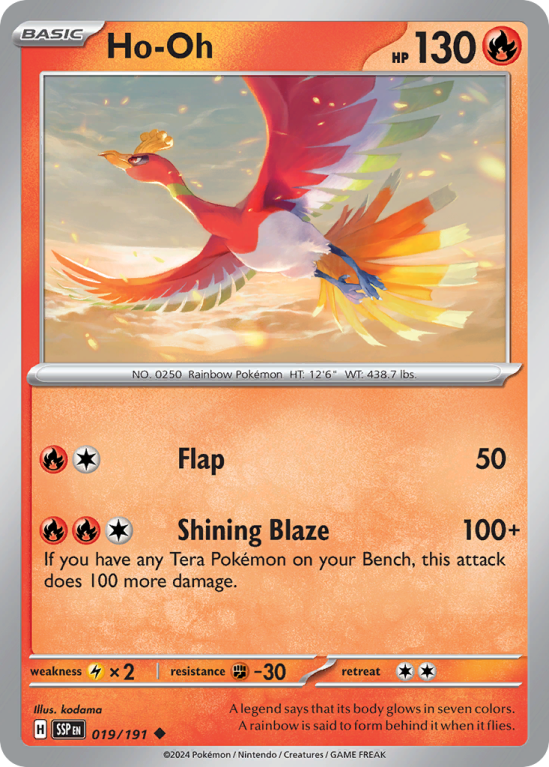 Pokémonkaart Ho-Oh nummer 19/191 uit de set Surging Sparks (Scarlet & Violet)
