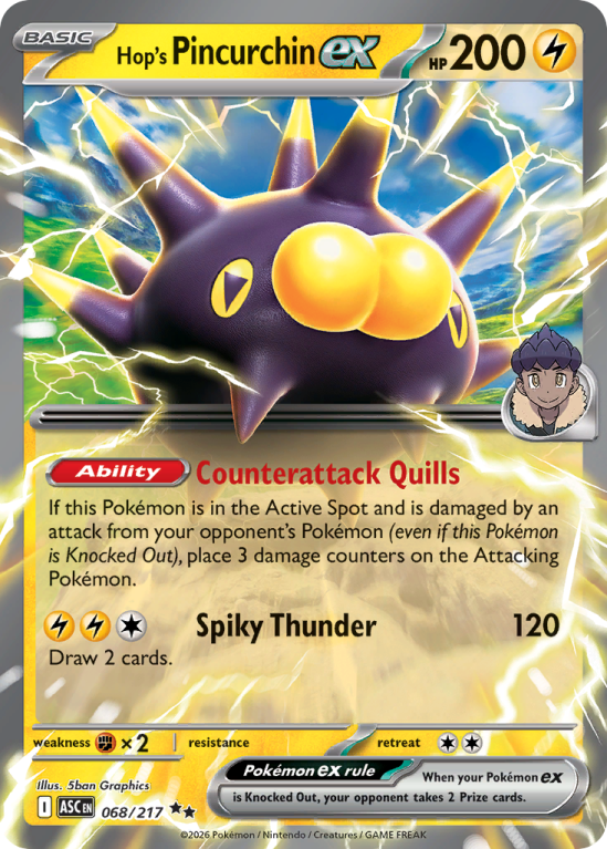 Pokémonkaart Hop's Pincurchin ex nummer 68/217 uit de set Ascended Heroes (Mega Evolution)