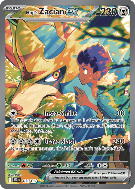 Pokémonkaart Hop's Zacian ex nummer 186/159 uit de set Journey Together (Scarlet & Violet)